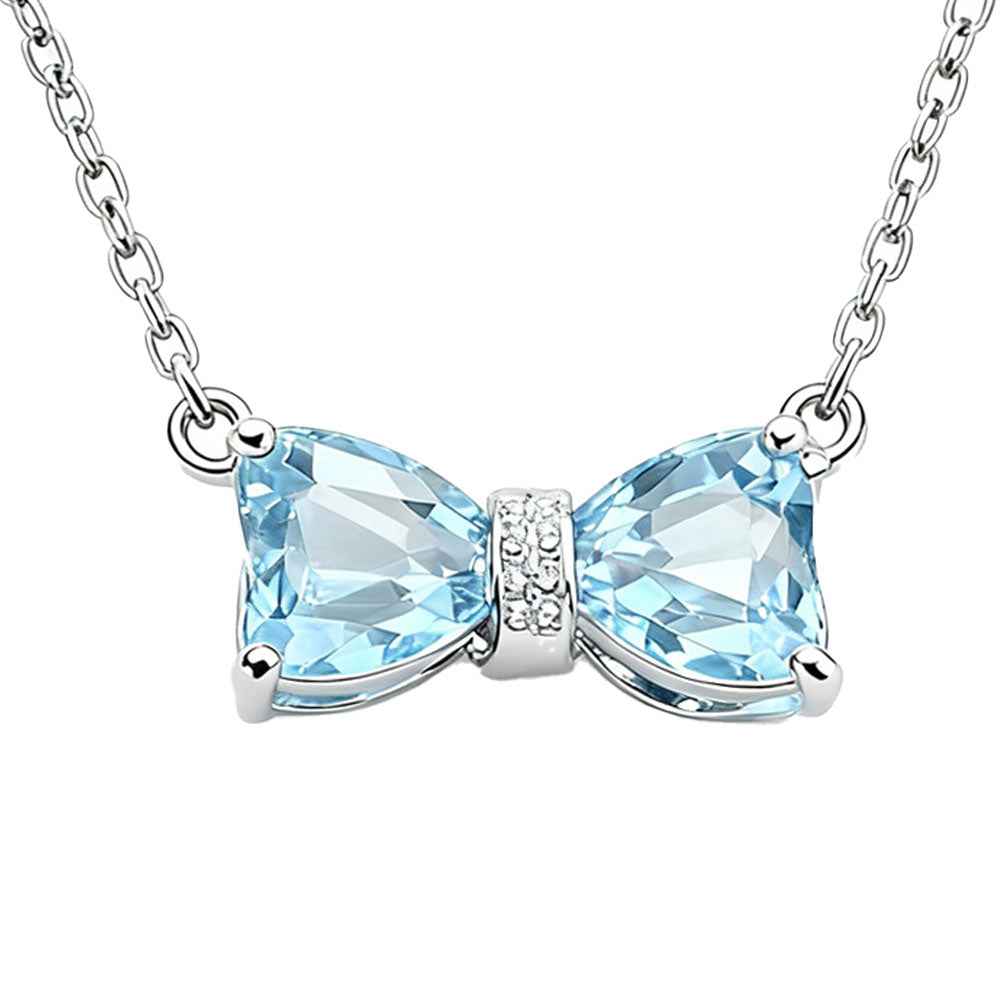 Ceylon Sky Natural Aquamarine Bow Silver Diamond Necklace