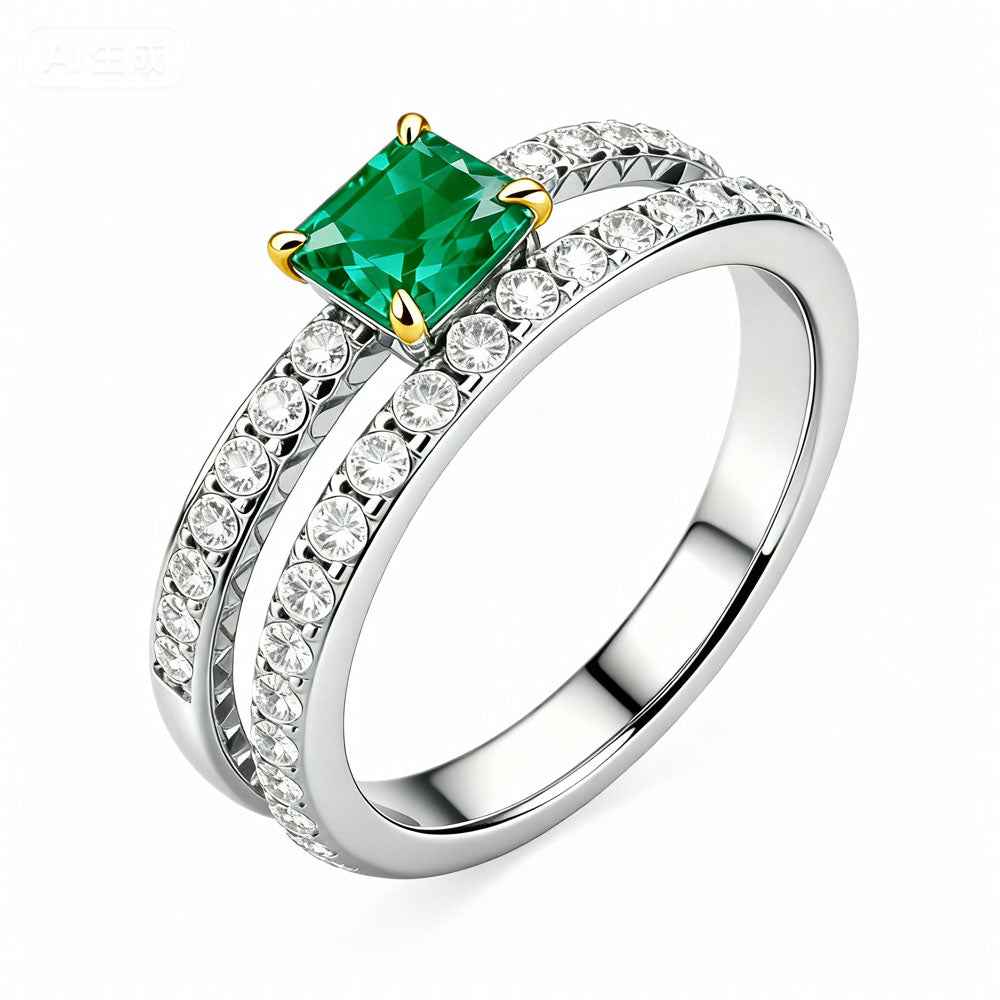 Ceylon Dual Band Emerald Gold Claw Silver Diamond Ring