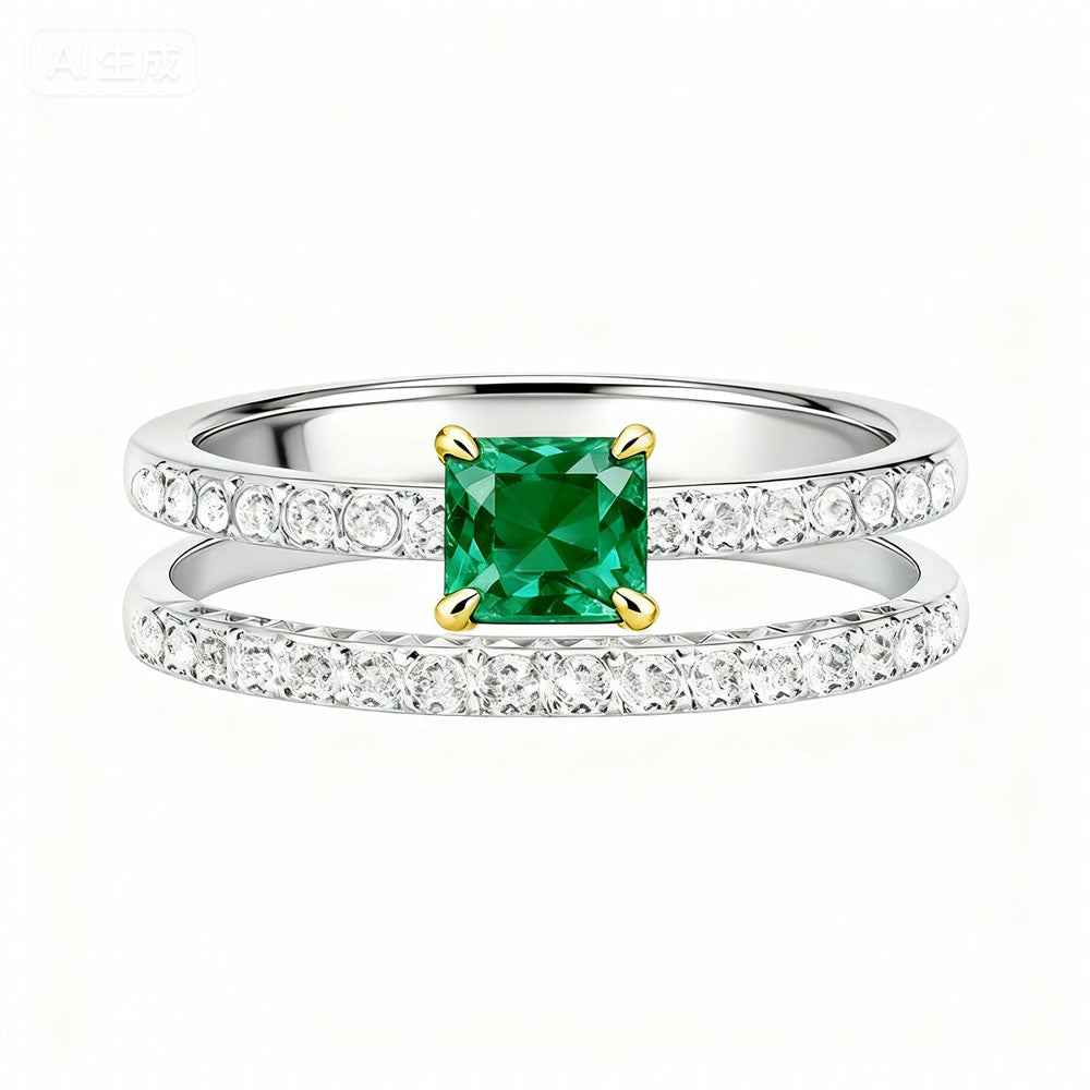 Ceylon Dual Band Emerald Gold Claw Silver Diamond Ring