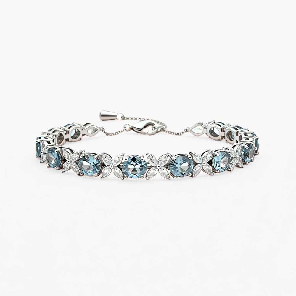 Ceylon Sky Aquamarine Floral Silver Diamond Bracelet