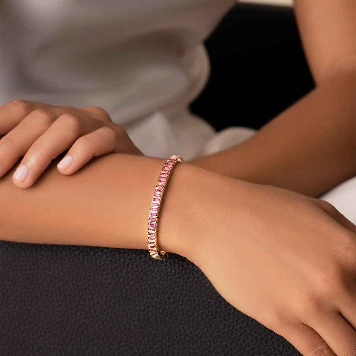 Ceylon Ruby Baguette Dual Tone 18K Gold Bangle Bracelet