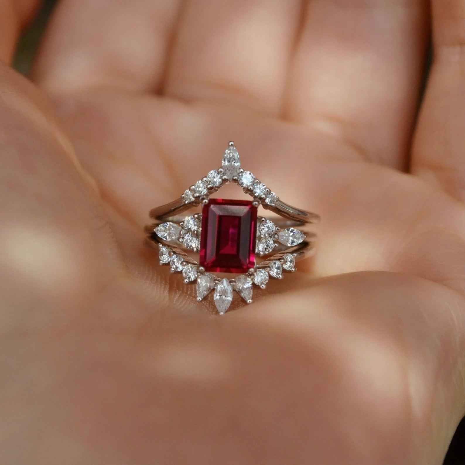 Ceylon Lanka Ruby Emerald Set 18K White Gold Ring