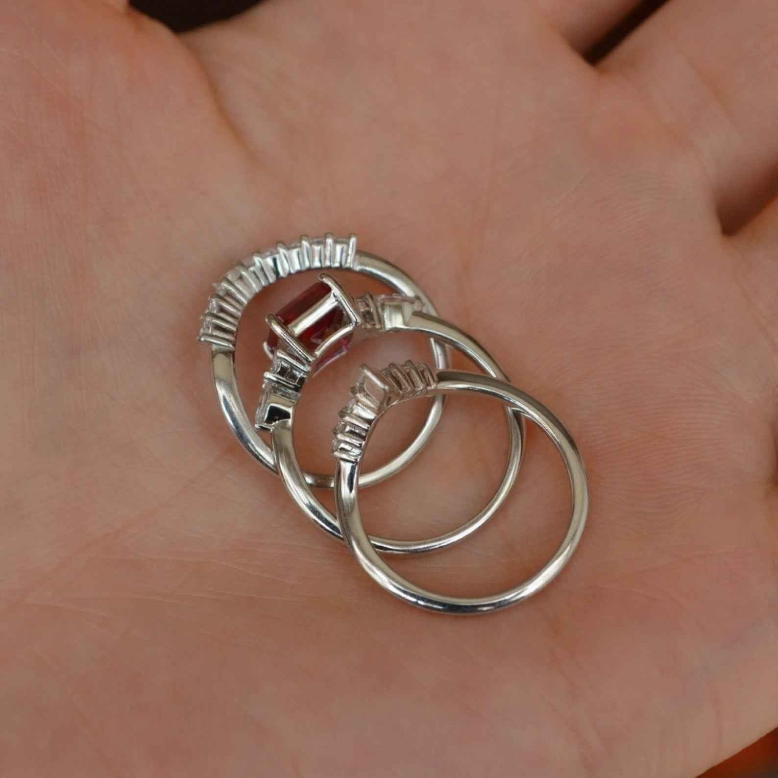 Ceylon Lanka Ruby Emerald Set 18K White Gold Ring