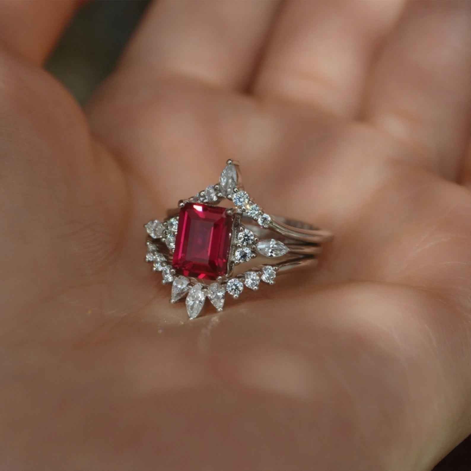 Ceylon Lanka Ruby Emerald Set 18K White Gold Ring