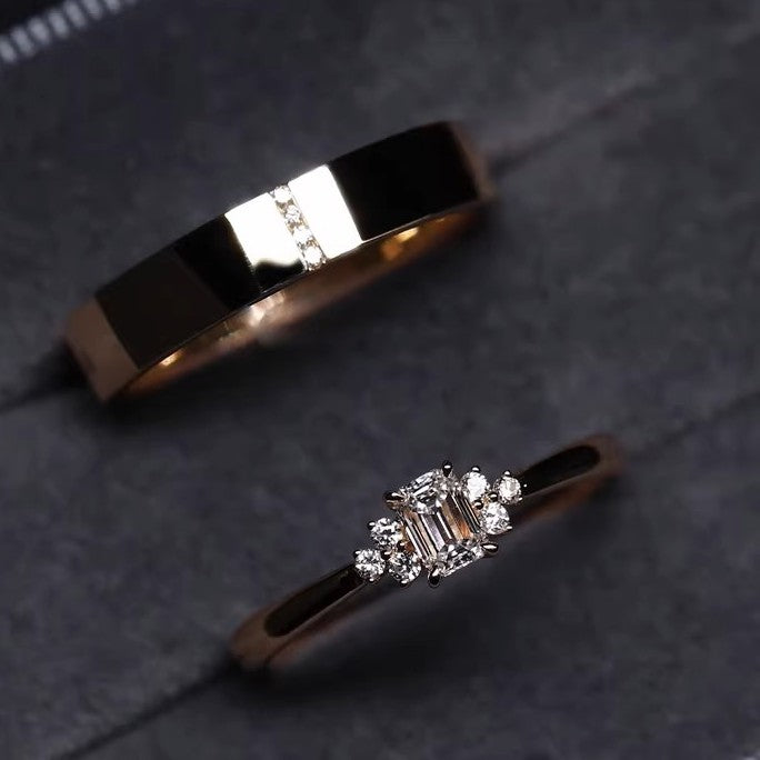 Ceylon Emerald Cut Lab Grown Diamond 18K Gold Plated Couple Rings