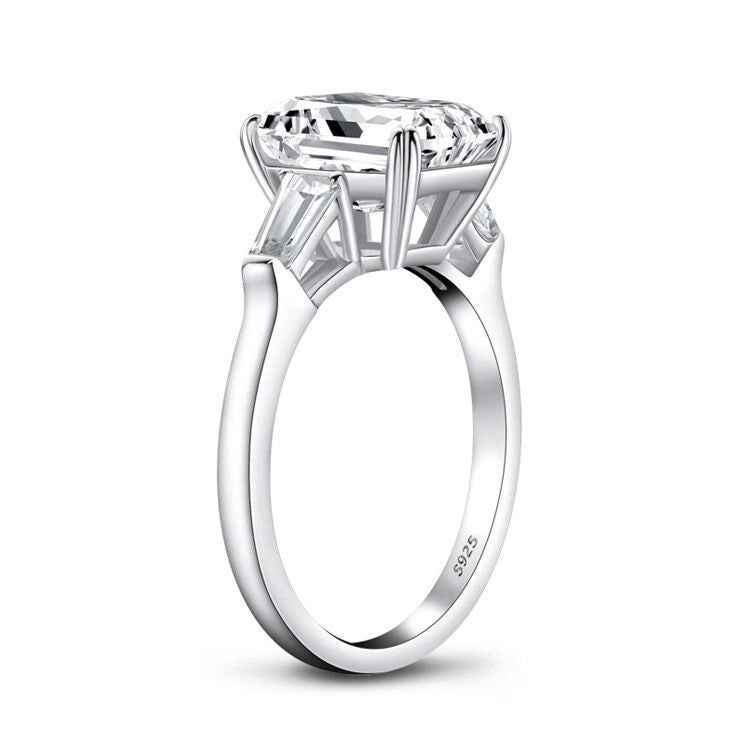 Ceylon Emerald Cut Moissanite Sterling Silver Three Stone 3ct Ring