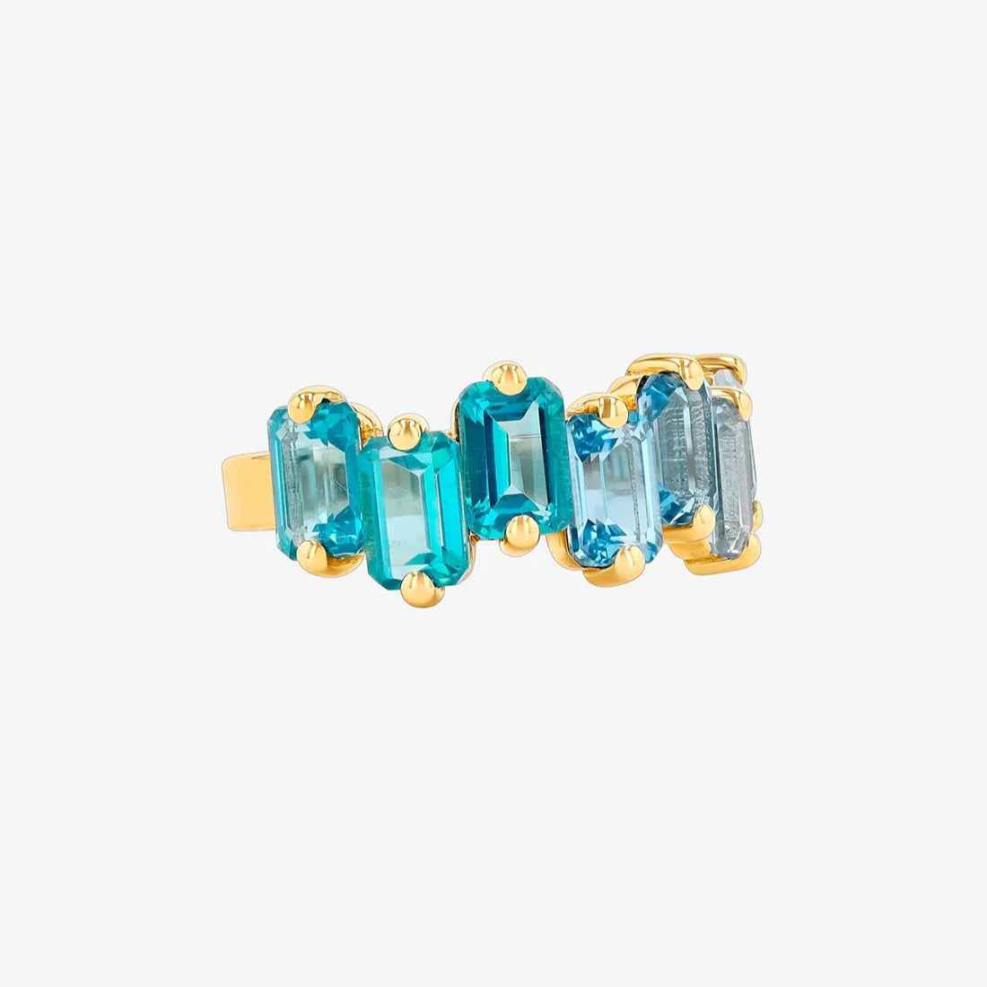 Ceylon Emerald-Cut Light Blue Ombre Gemstone 18K Yellow Gold Half Band Ring
