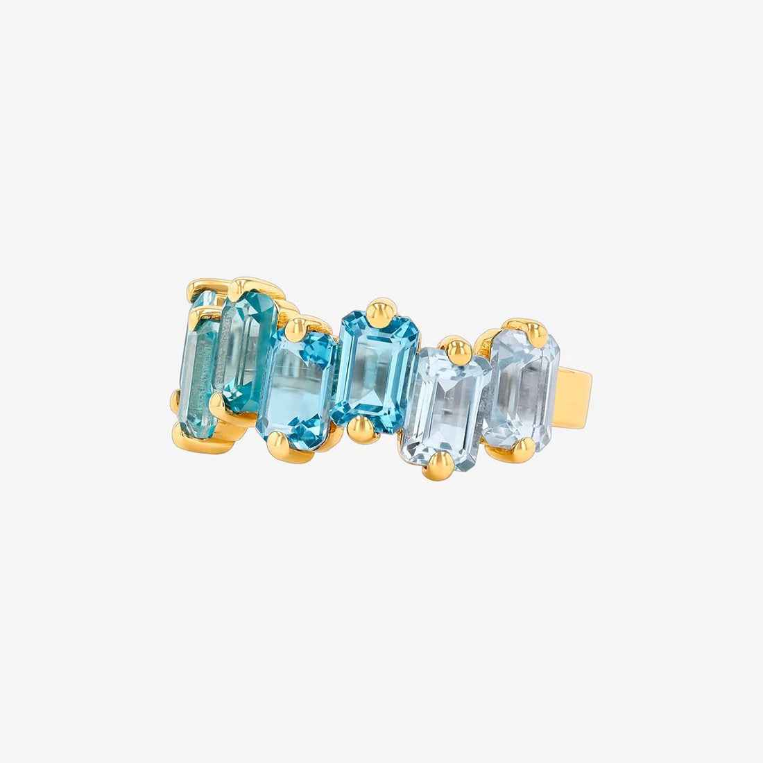 Ceylon Emerald-Cut Light Blue Ombre Gemstone 18K Yellow Gold Half Band Ring