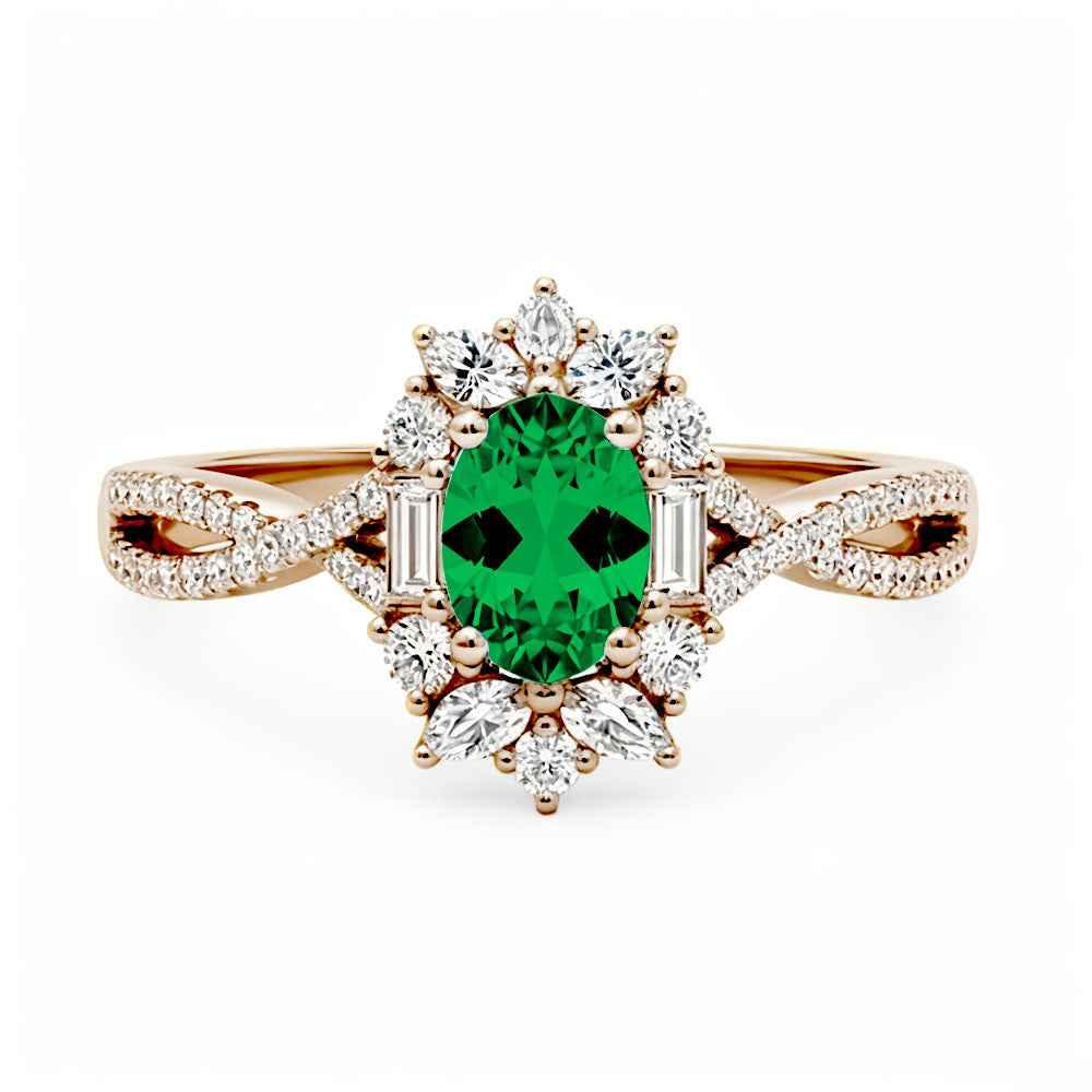 Ceylon Blaze Natural Emerald Vintage  Rose Gold Diamond Ring