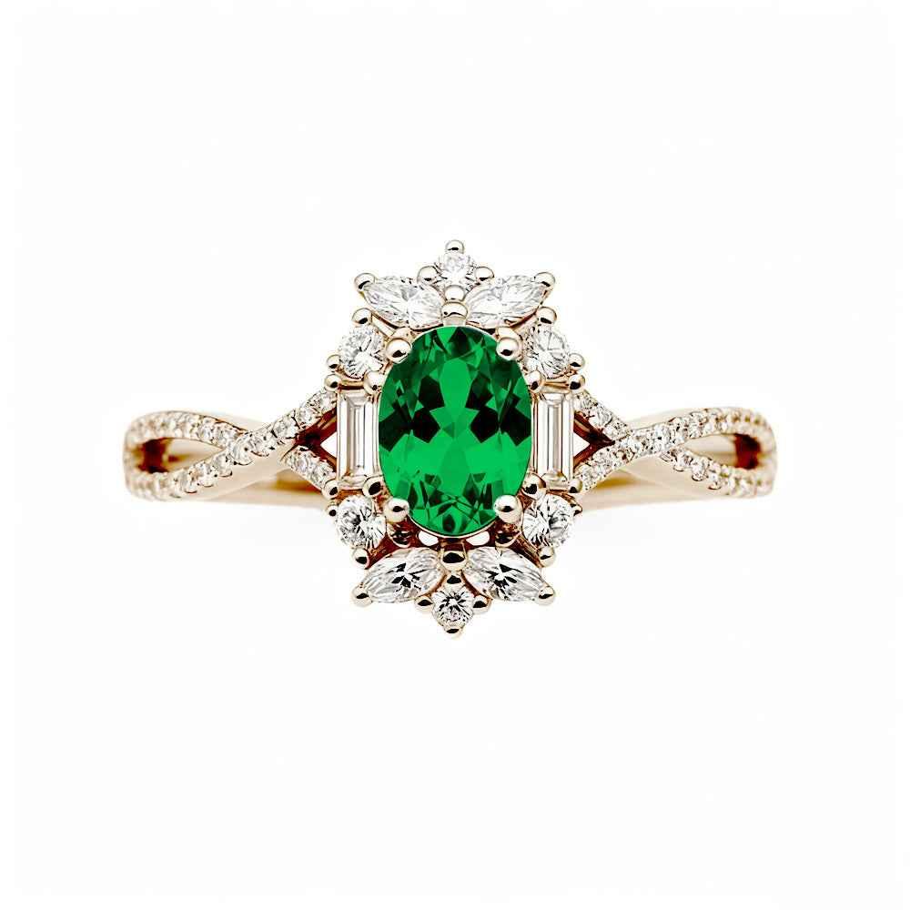 Ceylon Blaze Natural Emerald Vintage  Rose Gold Diamond Ring
