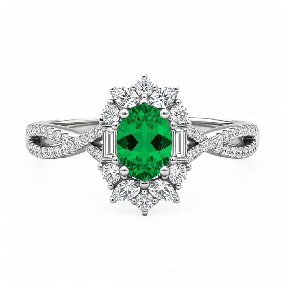Ceylon Blaze Natural Emerald Vintage  White Gold Diamond Ring