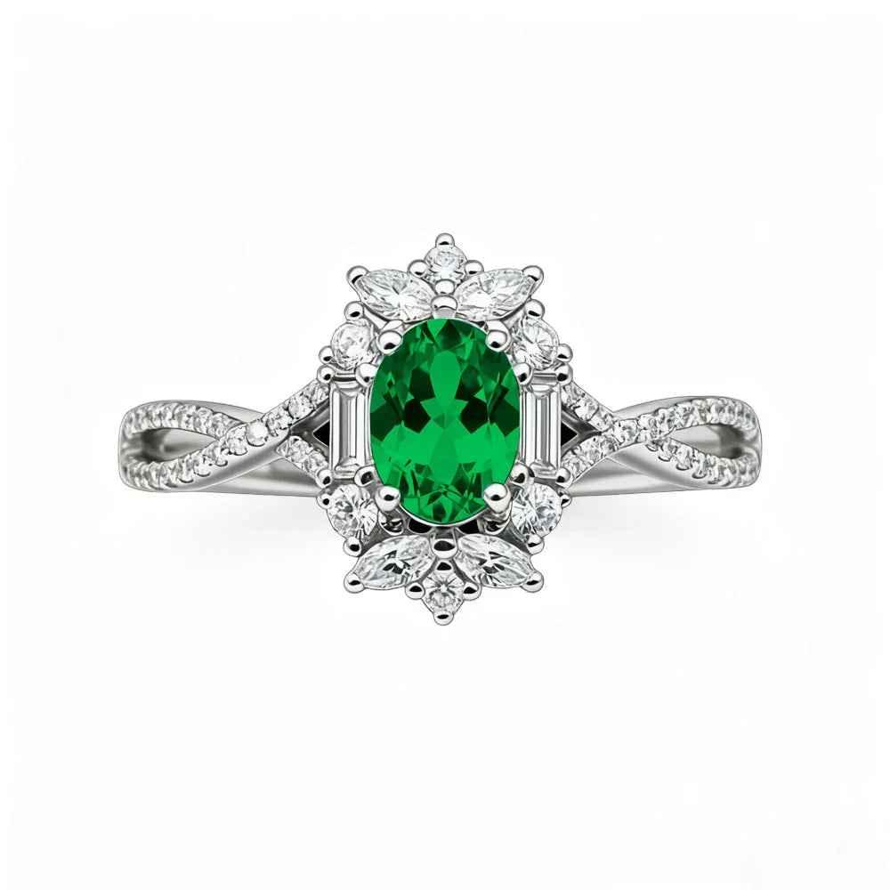 Ceylon Blaze Natural Emerald Vintage  White Gold Diamond Ring