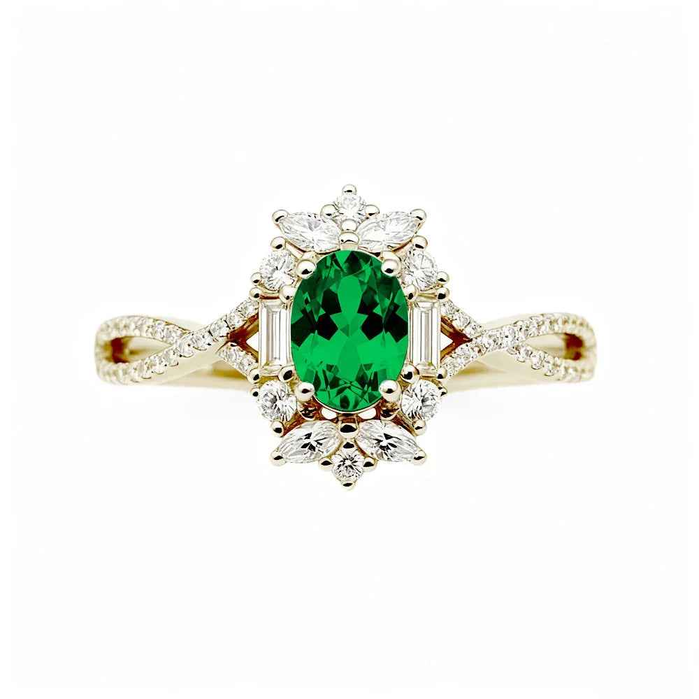 Ceylon Blaze Natural Emerald Vintage Yellow Gold Diamond Ring