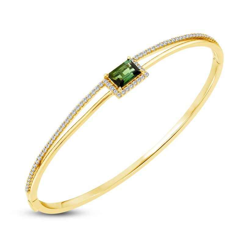 Ceylon Green Tourmaline Diamond 18K Yellow Gold Bangle Bracelet