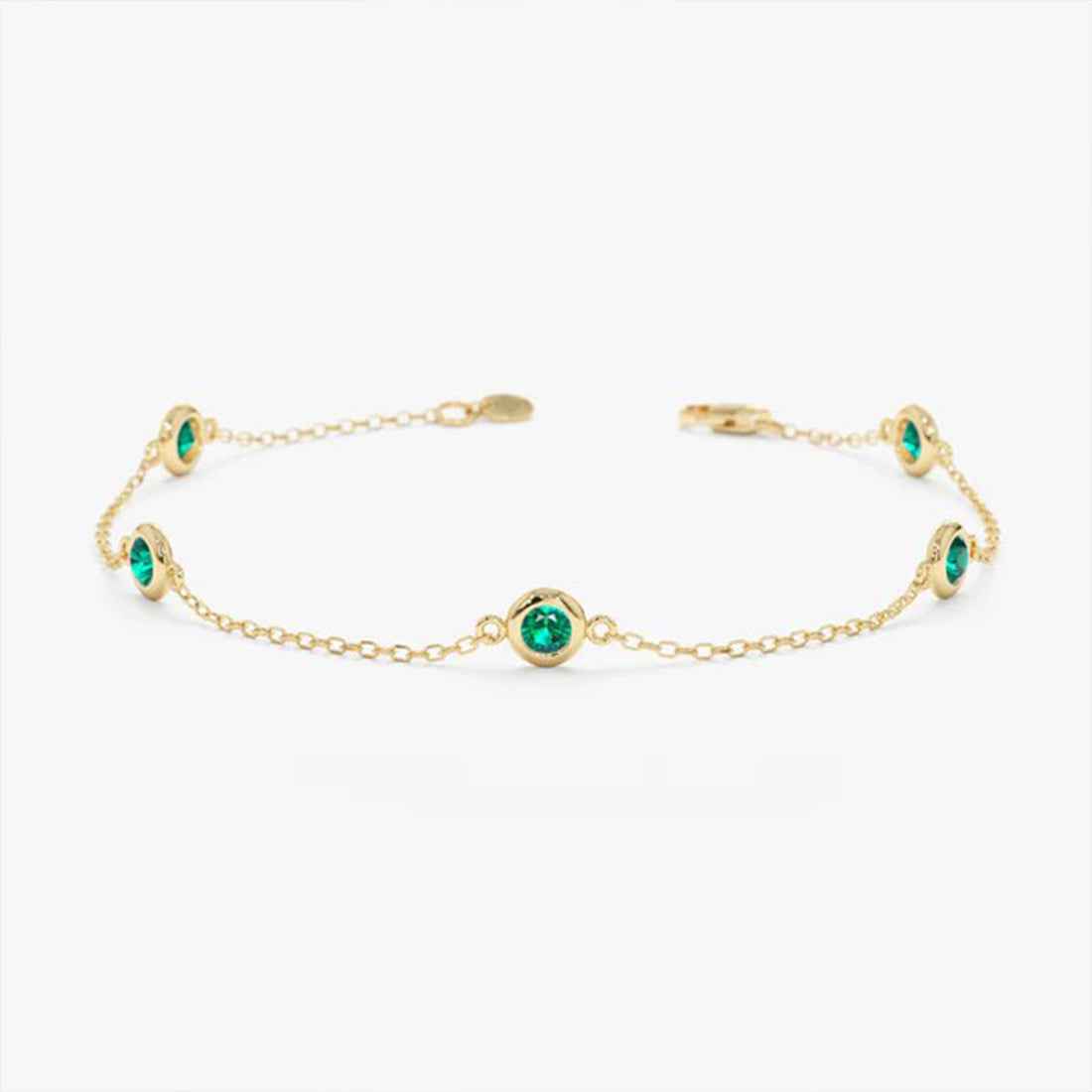 Ceylon Verde Emerald Birthstone Solid Gold Station Bracelet