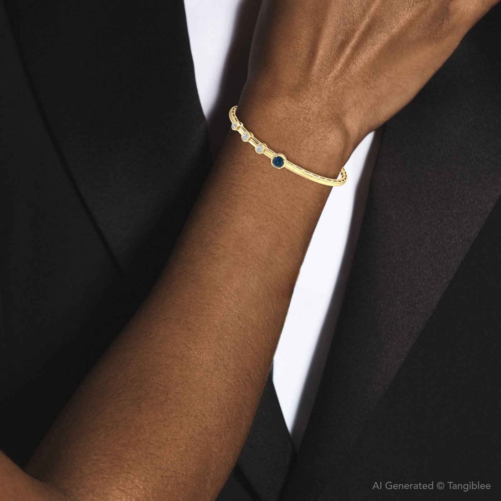 Ceylon Blue Sapphire Diamond Flex 18K Yellow Gold Bangle Bracelet