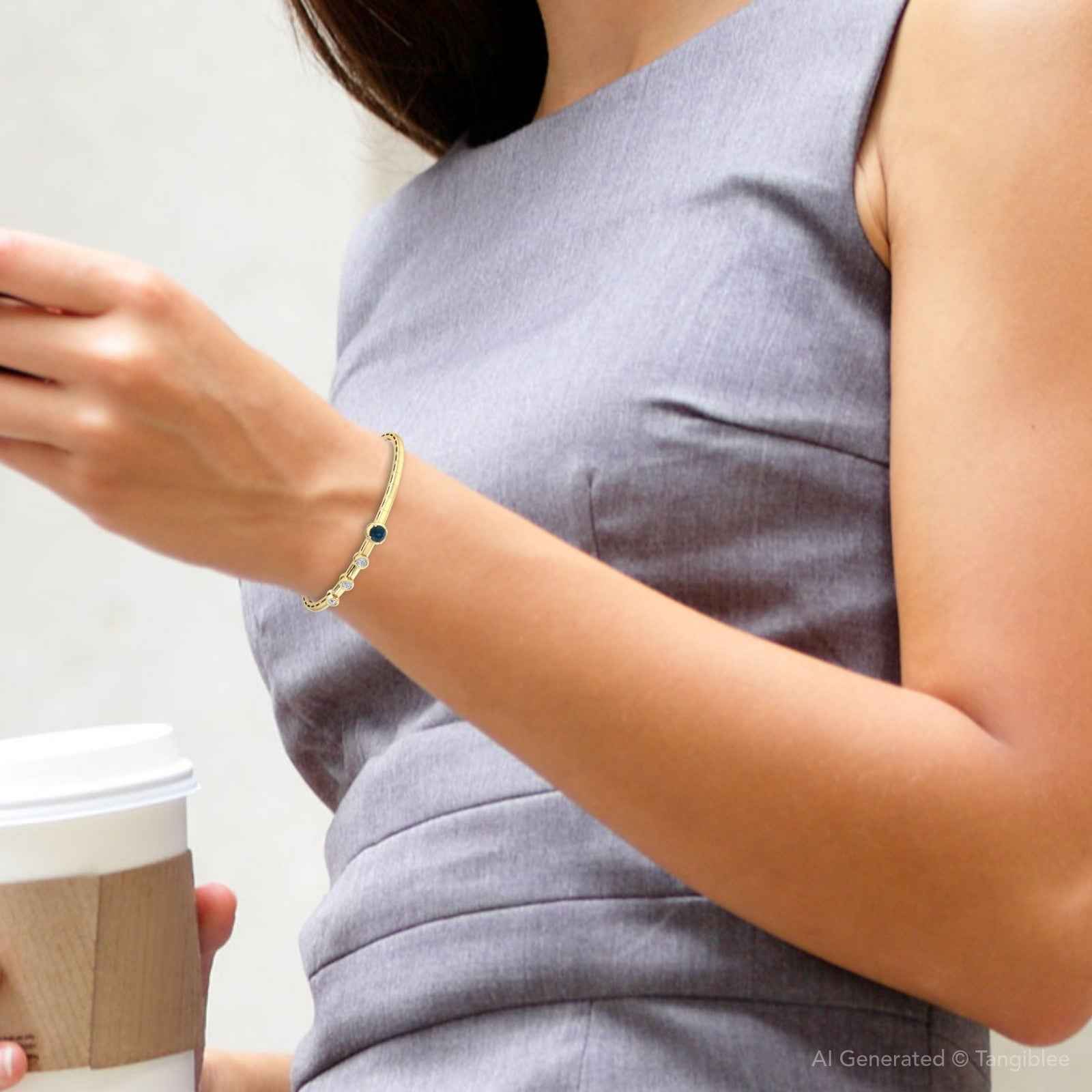 Ceylon Blue Sapphire Diamond Flex 18K Yellow Gold Bangle Bracelet