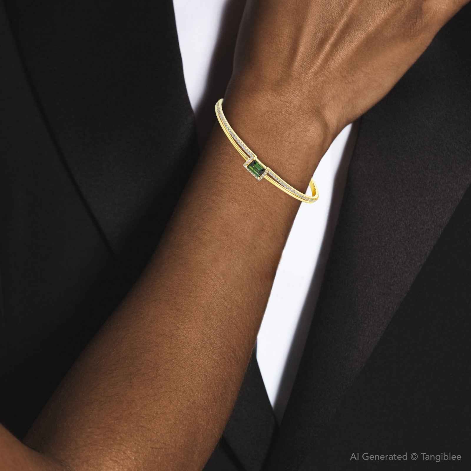 Ceylon Green Tourmaline Diamond 18K Yellow Gold Bangle Bracelet
