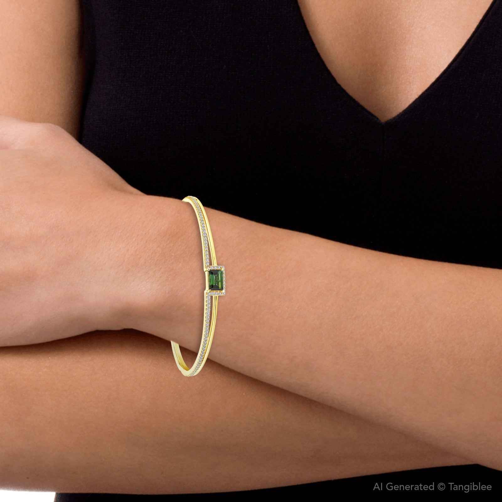Ceylon Green Tourmaline Diamond 18K Yellow Gold Bangle Bracelet