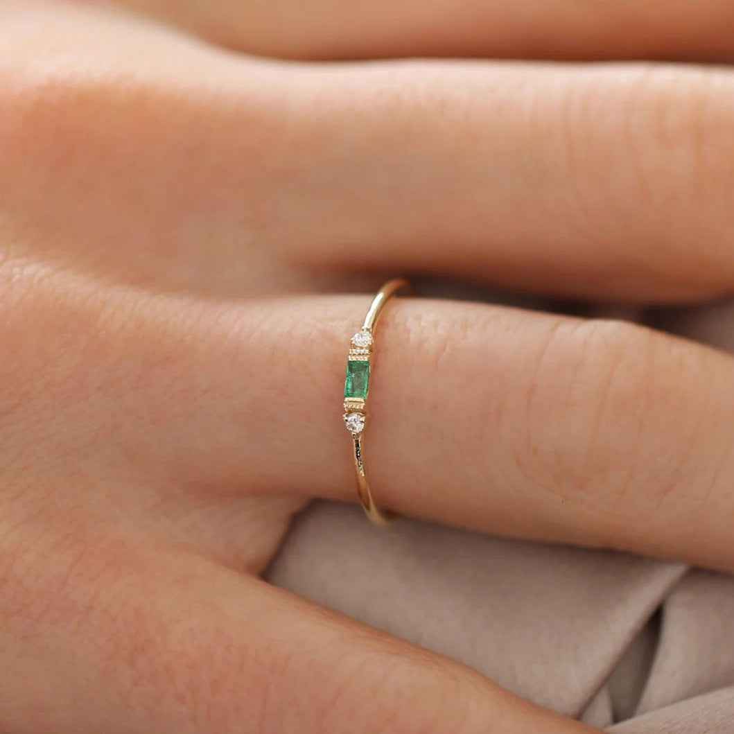 Ceylon Emerald Diamond Mini 18K Yellow Gold Ring