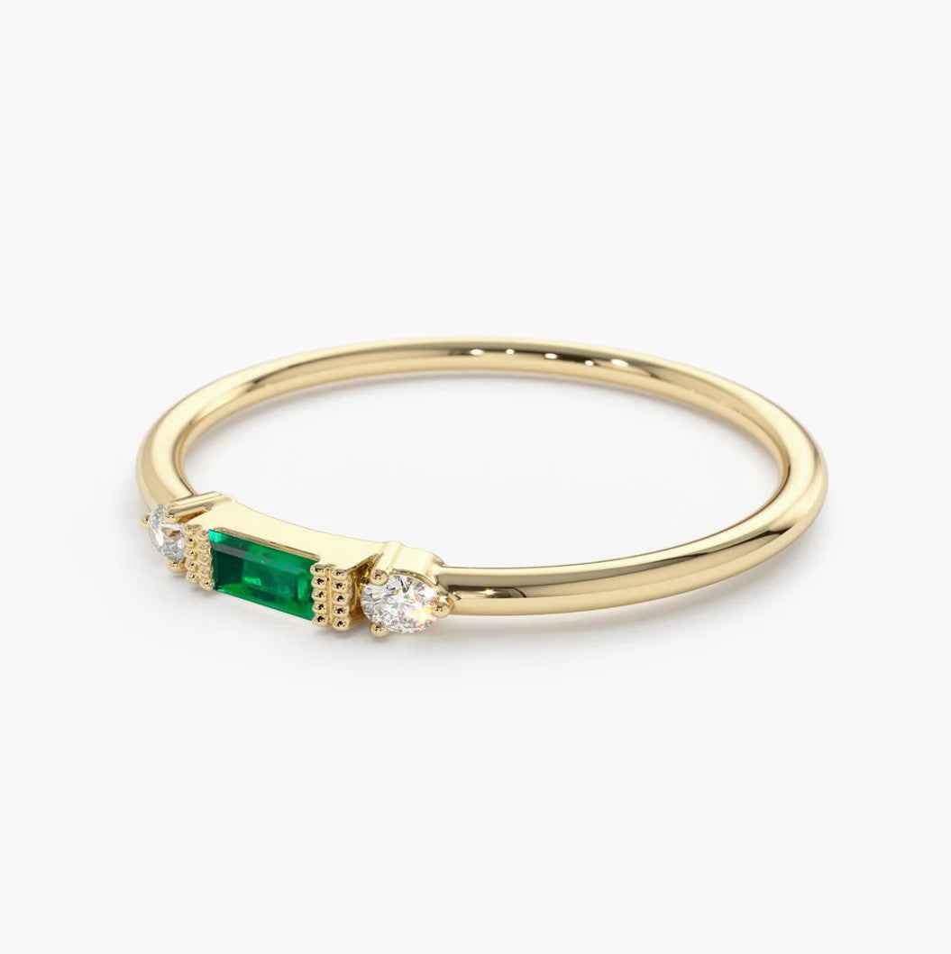 Ceylon Emerald Diamond Mini 18K Yellow Gold Ring