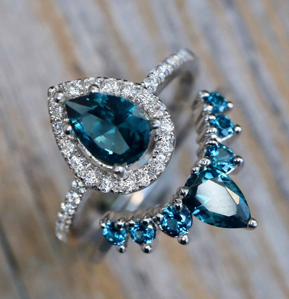 Ceylon London Blue Topaz Pear Bridal 18K White Gold Set