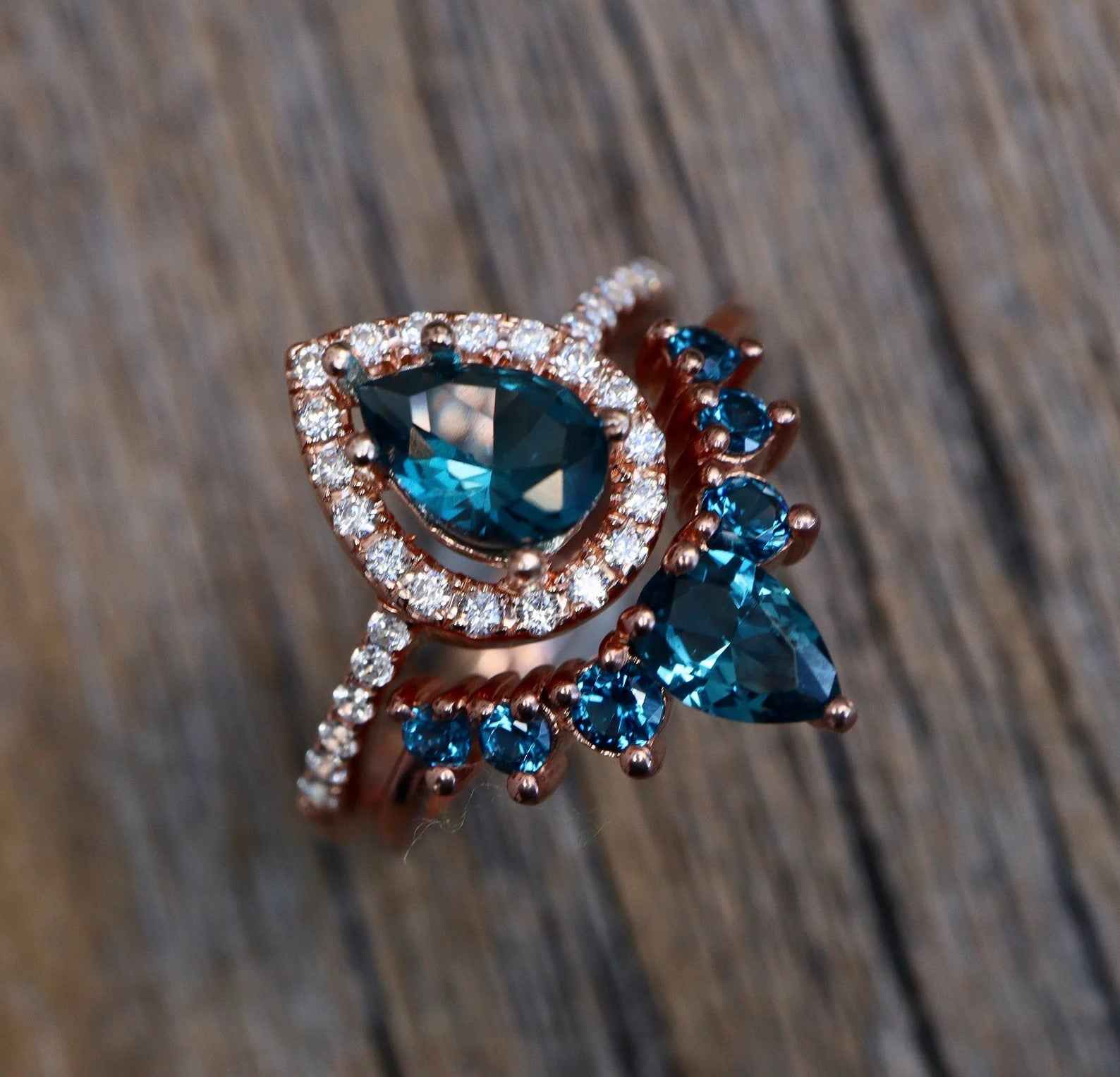 Ceylon London Blue Topaz Pear Bridal 18K White Gold Set