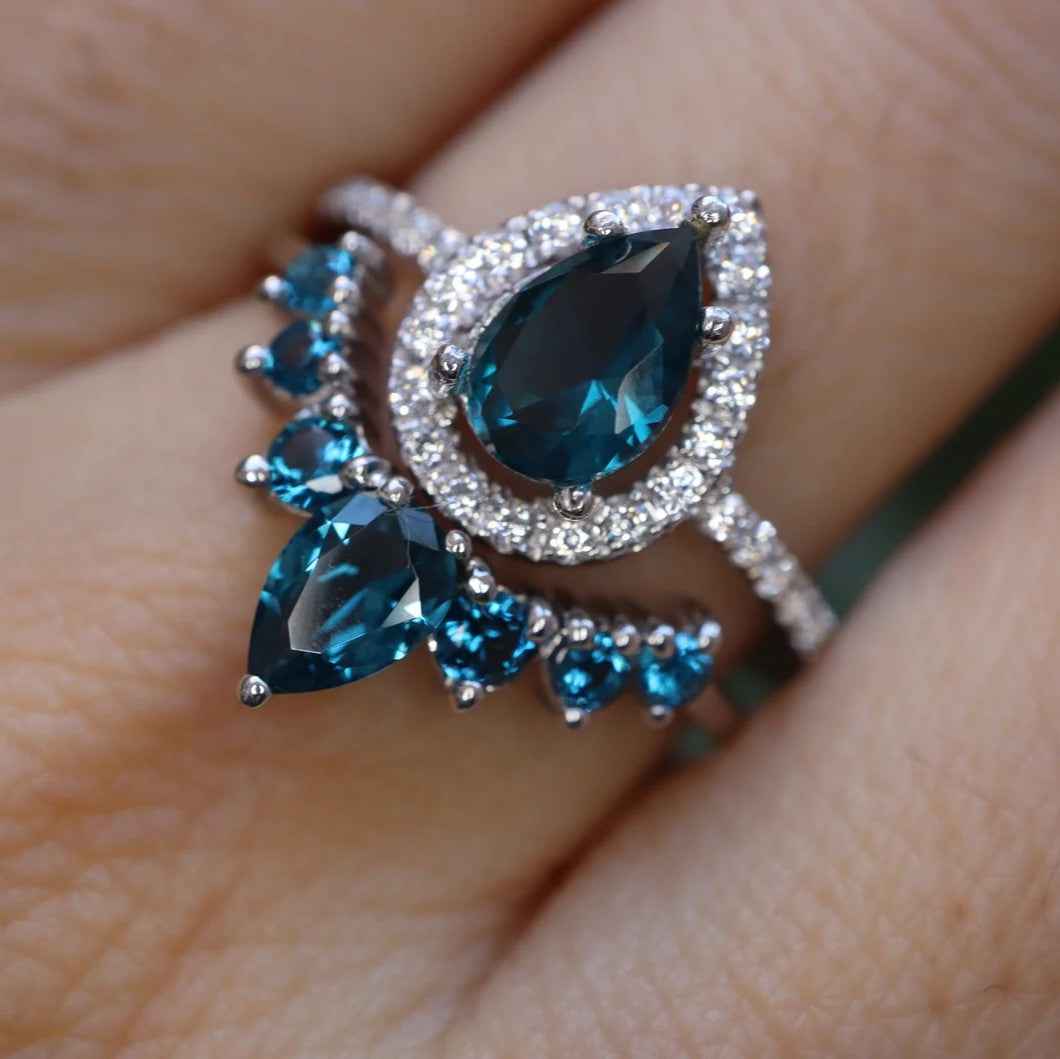 Ceylon London Blue Topaz Pear Bridal 18K White Gold Set