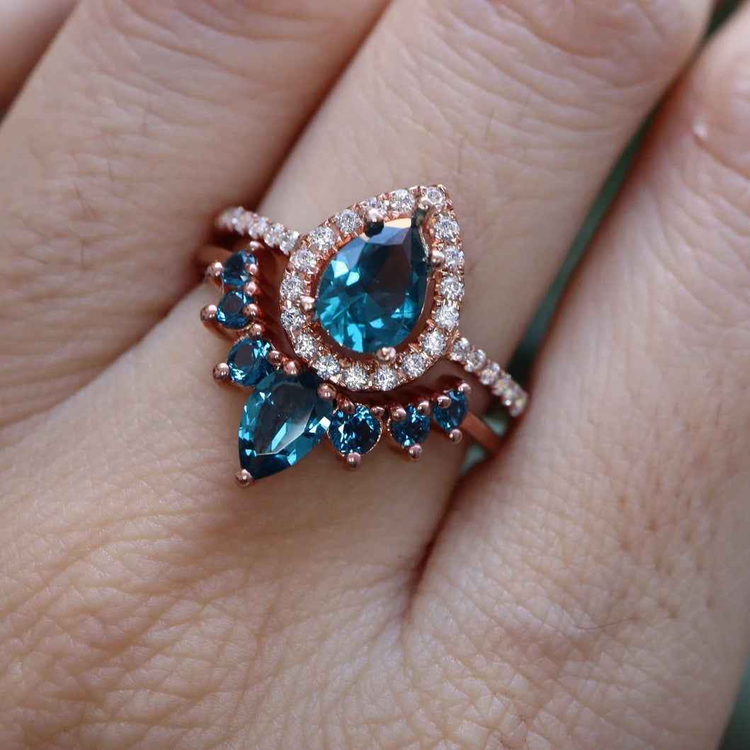 Ceylon London Blue Topaz Pear Bridal 18K White Gold Set