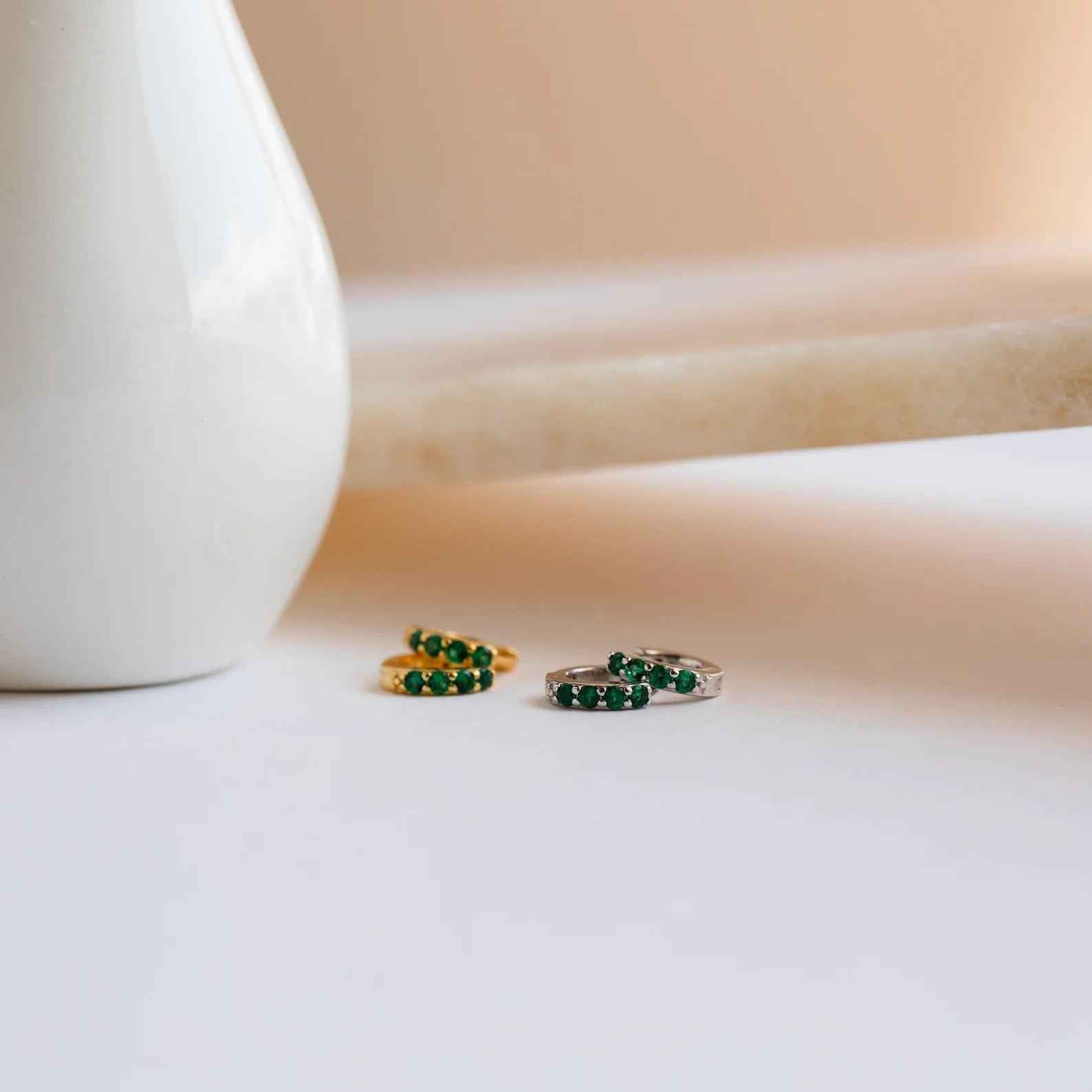 Ceylon Emerald Pave Huggie 18K Yellow Gold Hoops