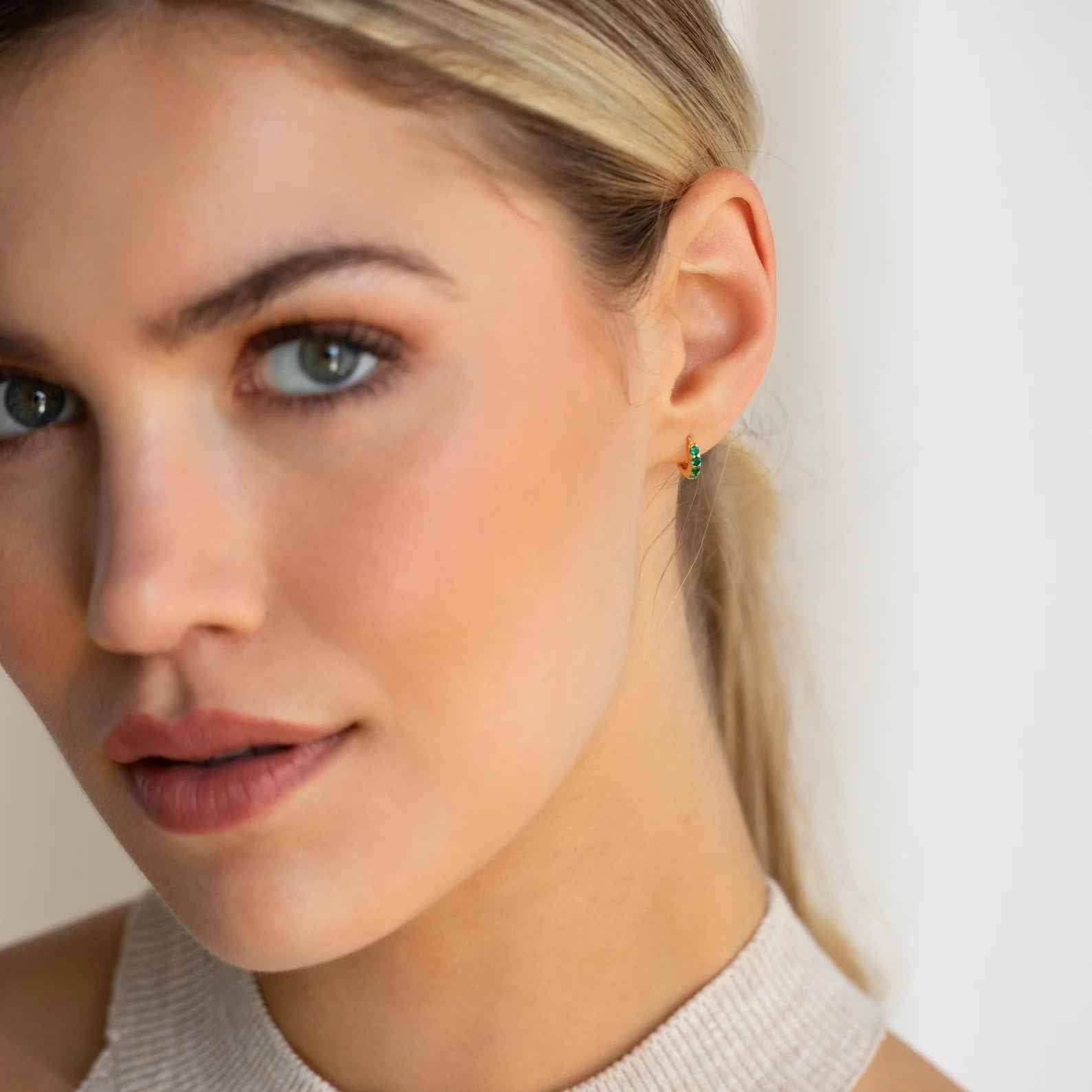 Ceylon Emerald Pave Huggie 18K Yellow Gold Hoops