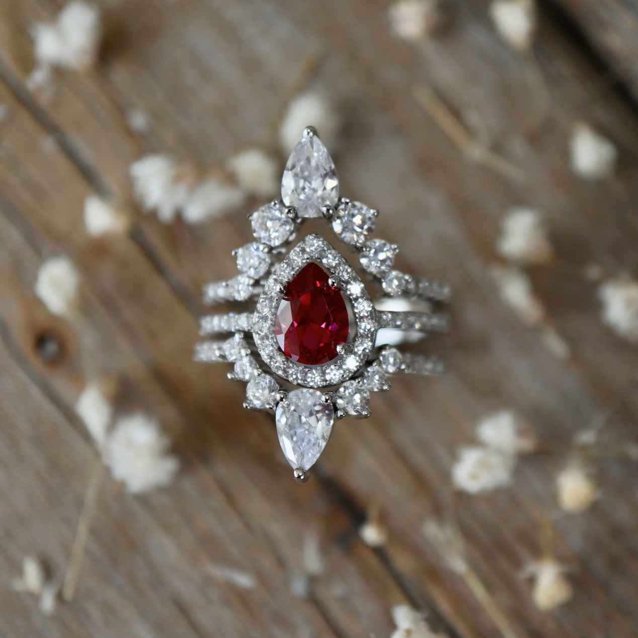 Ceylon Bridal Ruby Halo Triple Set Ring
