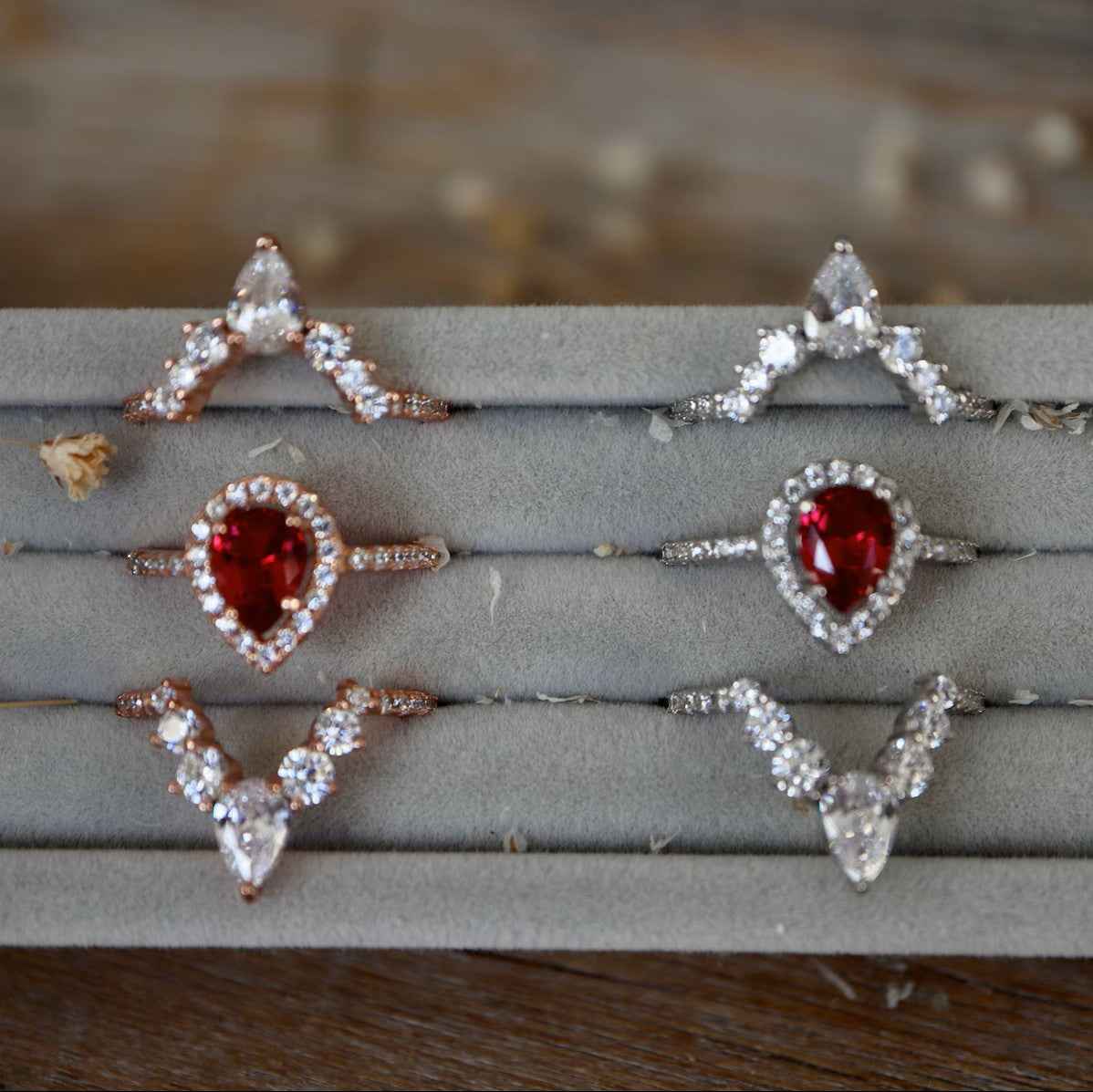 Ceylon Bridal Ruby Halo Triple Set Ring