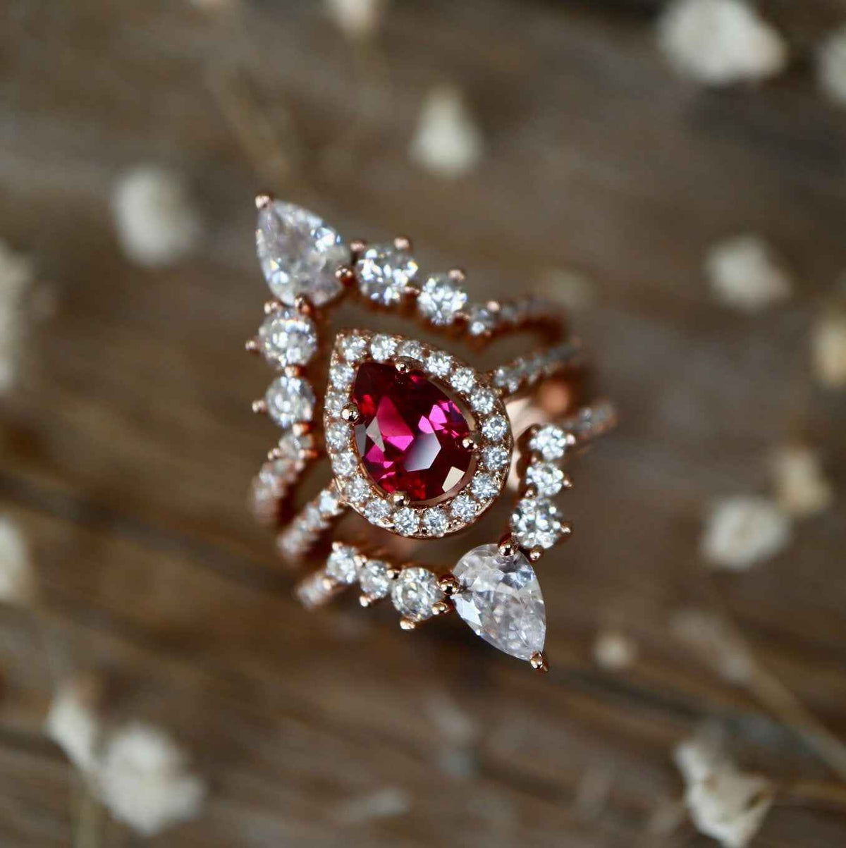 Ceylon Bridal Ruby Halo Triple Set Ring