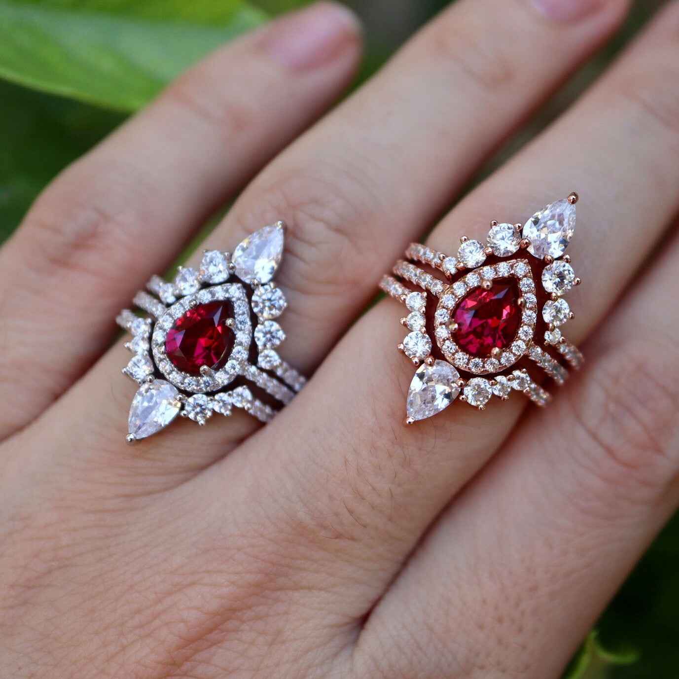 Ceylon Bridal Ruby Halo Triple Set Ring