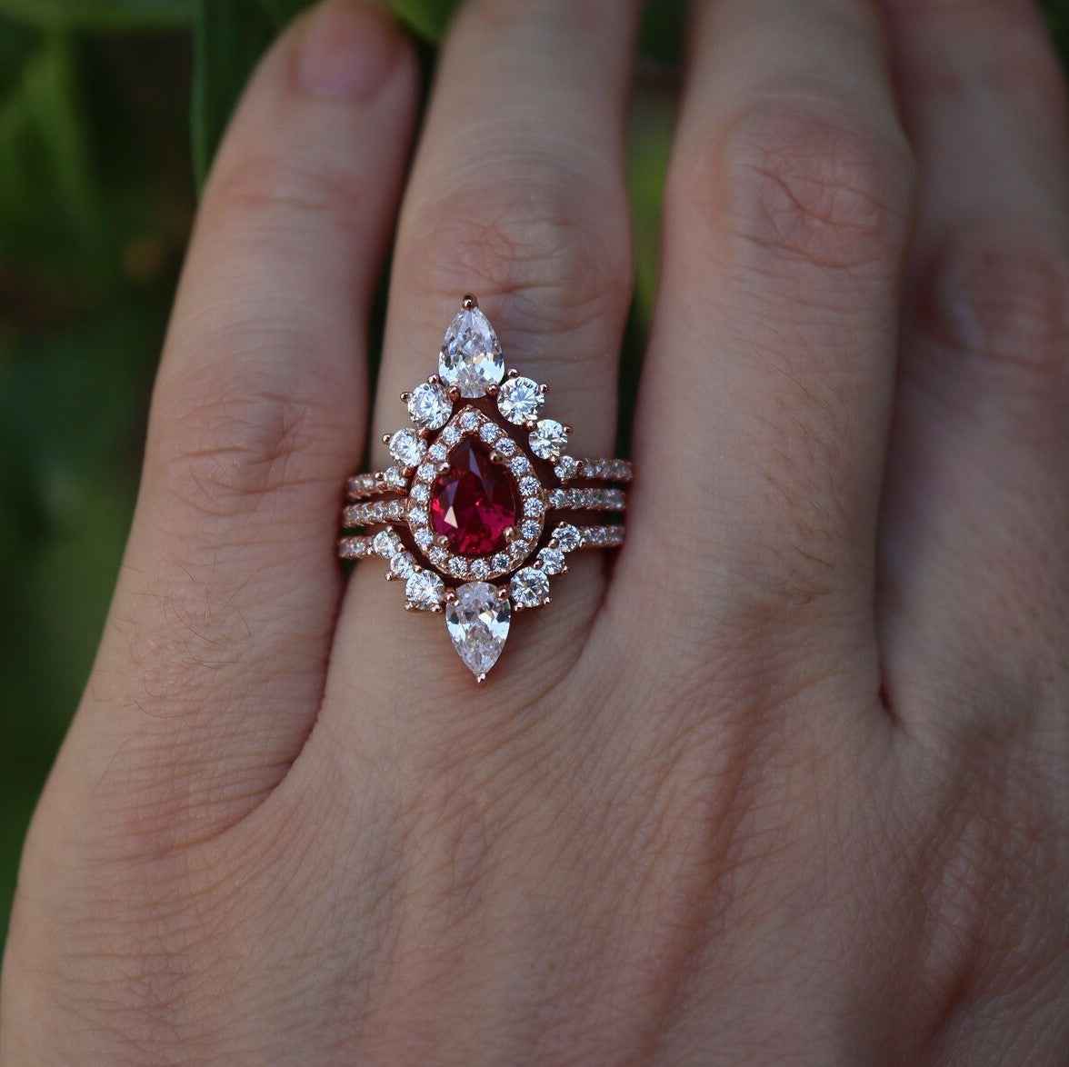 Ceylon Bridal Ruby Halo Triple Set Ring