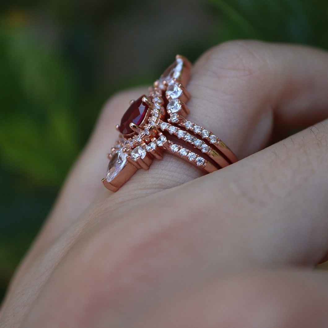 Ceylon Bridal Ruby Halo Triple Set Ring