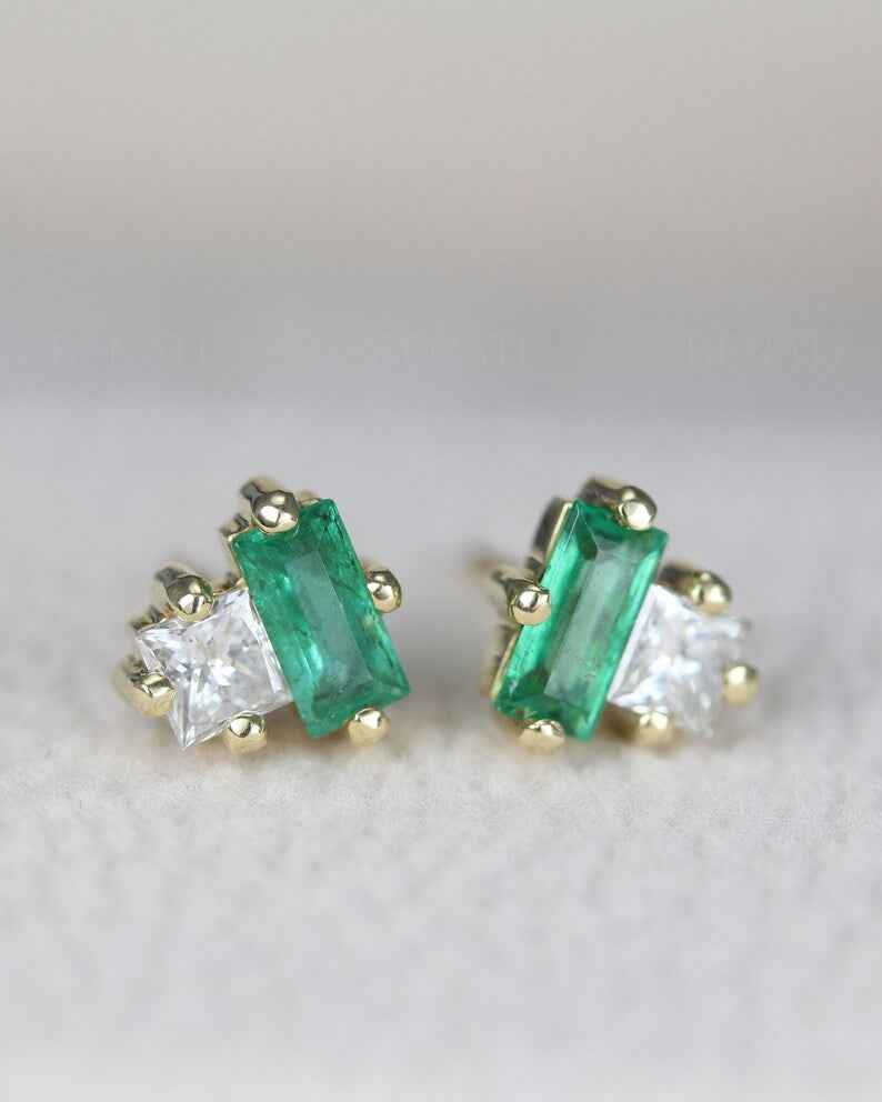 Ceylon Diamond Emerald Lux 18K Yellow Solid Gold Earrings