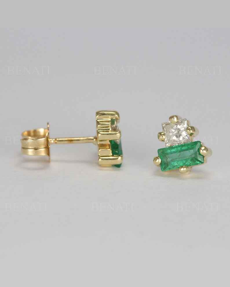 Ceylon Diamond Emerald Lux 18K Yellow Solid Gold Earrings