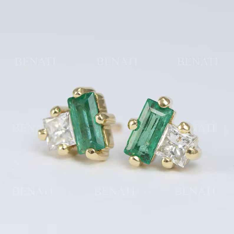 Ceylon Diamond Emerald Lux 18K Yellow Solid Gold Earrings