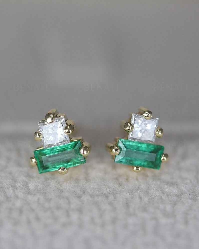 Ceylon Diamond Emerald Lux 18K Yellow Solid Gold Earrings