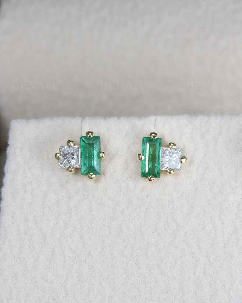Ceylon Diamond Emerald Lux 18K Yellow Solid Gold Earrings