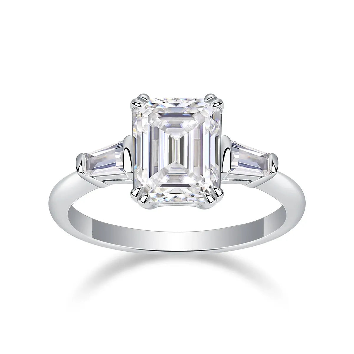 Ceylon Emerald Cut Moissanite Sterling Silver Three Stone 3ct Ring